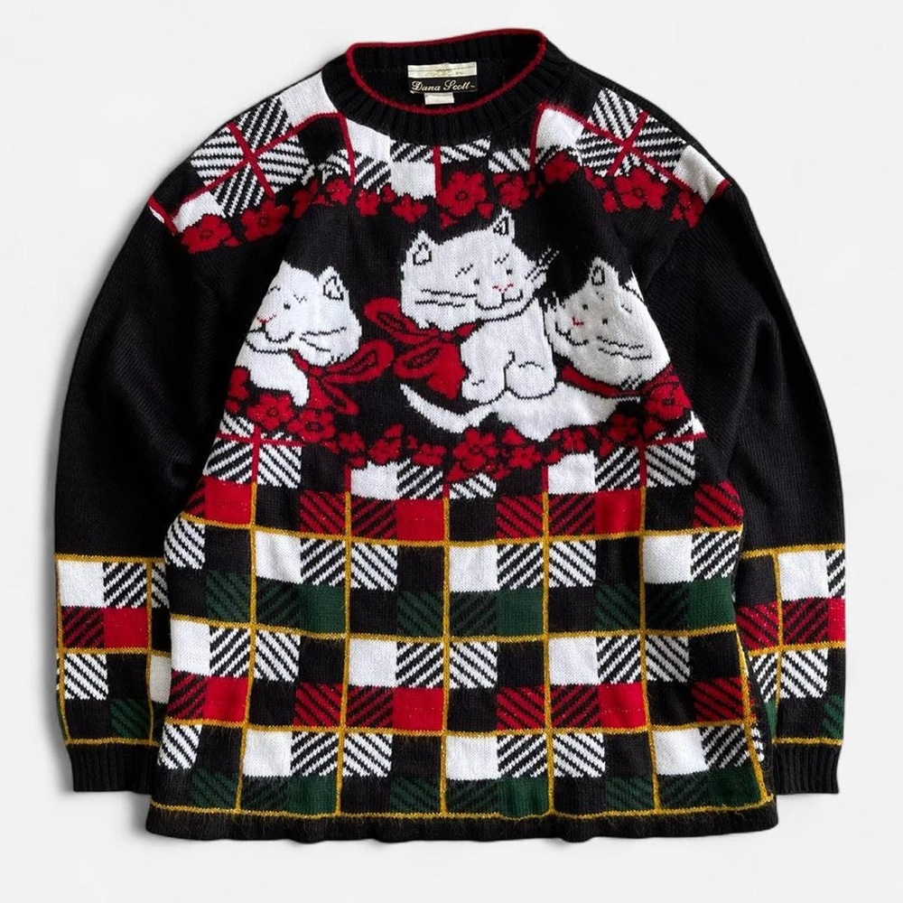 Vintage Dana Scott Cute Cat Kitten Black Red White Christmas Sweater M